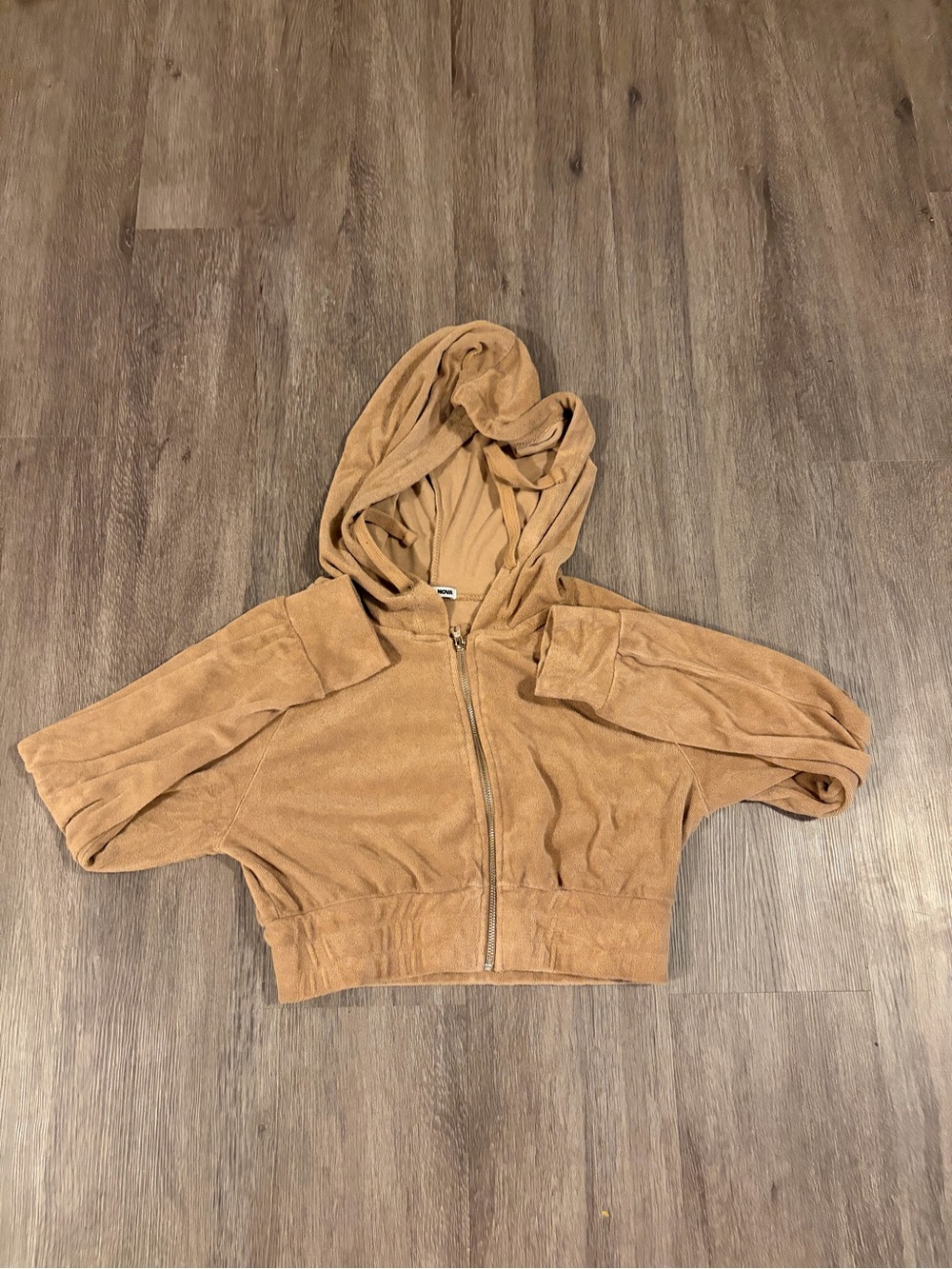 FASHION NOVA SIZE MEDIUM Cropped Hooded Zip-Up Bomber Jacket in Camel